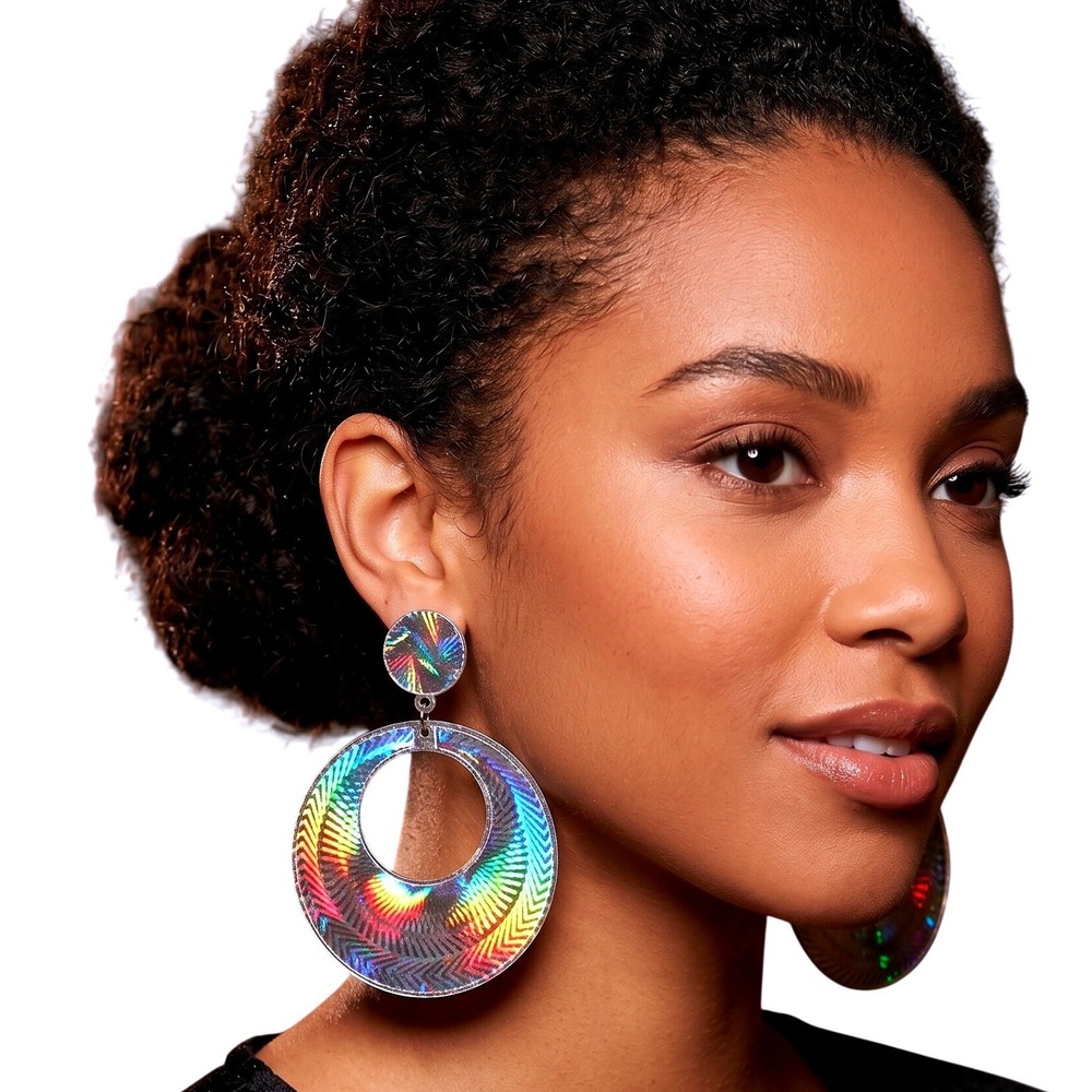 Vintage Laser Prismatic Holographic Earrings 80s 90s Retro Hoop Dangle New NOS